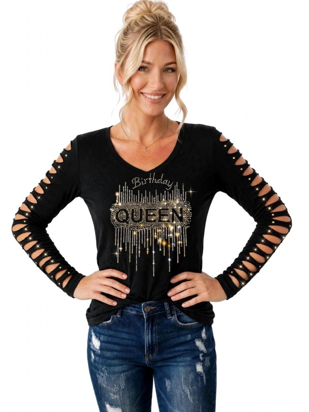 Y2K Sparkly Rhinestone Birthday Queen Tee, Glam Cut Out Sleeve Bling Top Long Sl